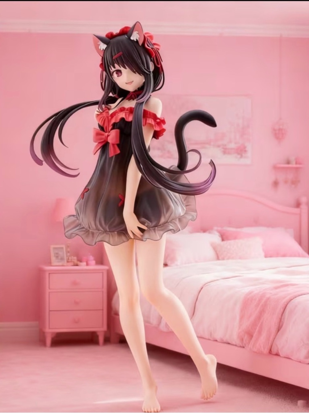 Black and Red Neko Girl Anime Figure - Cat Ear Figurine